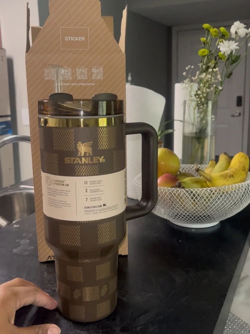 Stanley Chocolate Brown and Gold Checkered Tumbler with Handle